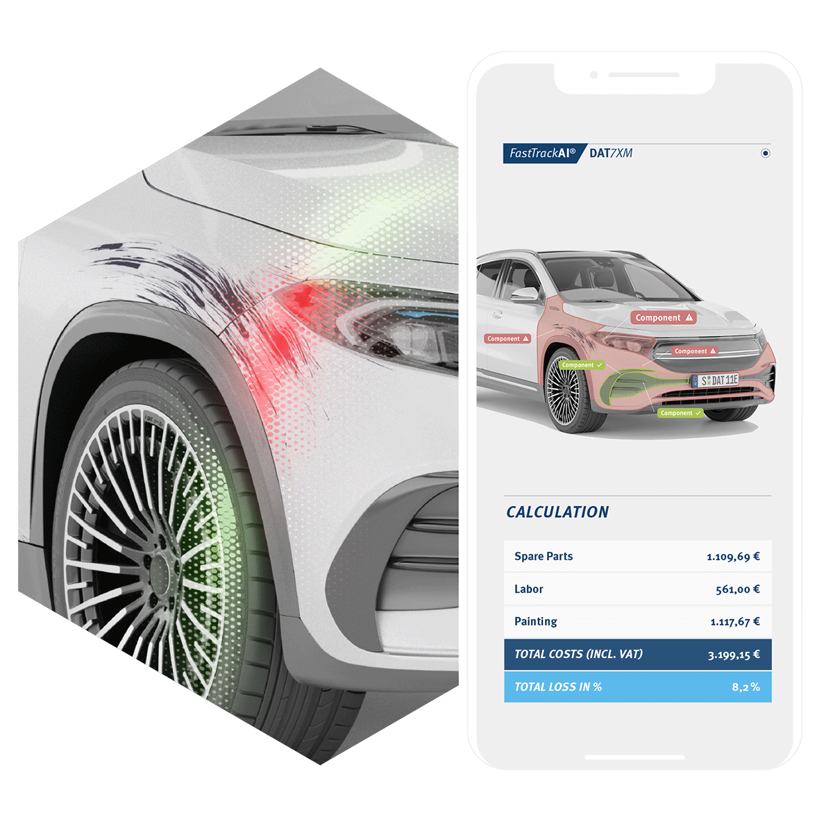 Screenshot der Smartphone-App FastTrack AI: Der Schaden des Auto am rechten Kotflügel wurde per Handy-Foto erfasst und wird auf dem Handy-Bildschirm digital abgebildet. Per künstlicher Intelligenz wird die Schadenhöhe - bestehen aus Ersatzteil-Kosten, Arbeitszeit und Lackier-Arbeiten - berechnet.