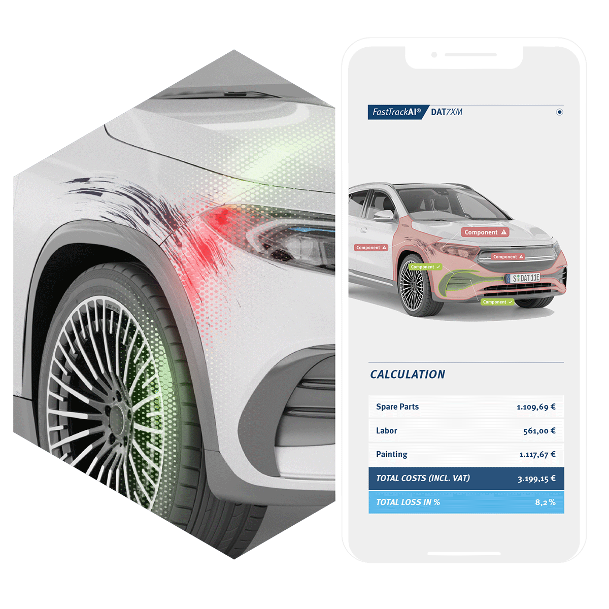 Anwendung-FastTrackAI Screenshot der Smartphone-App FastTrack AI: Der Schaden des Auto am rechten Kotflügel wurde per Handy-Foto erfasst und wird auf dem Handy-Bildschirm digital abgebildet. Per künstlicher Intelligenz wird die Schadenhöhe - bestehen aus Ersatzteil-Kosten, Arbeitszeit und Lackier-Arbeiten - berechnet.