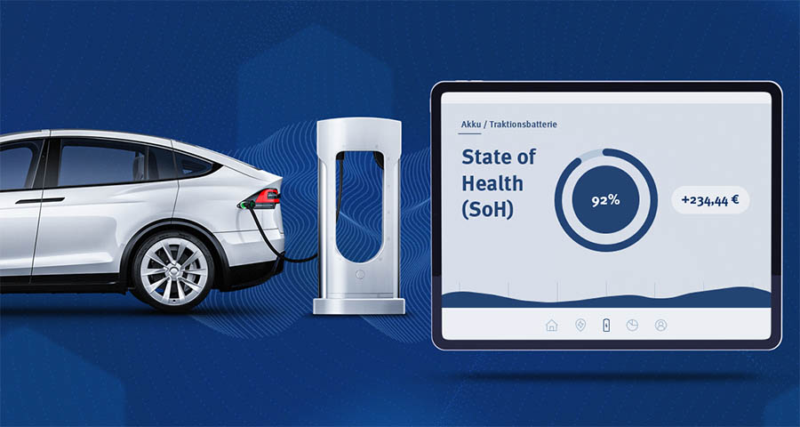 An electric car is charging, while the tablet shows the state of health (SoH) – including the depreciation of the EV if the battery no longer reaches full capacity.